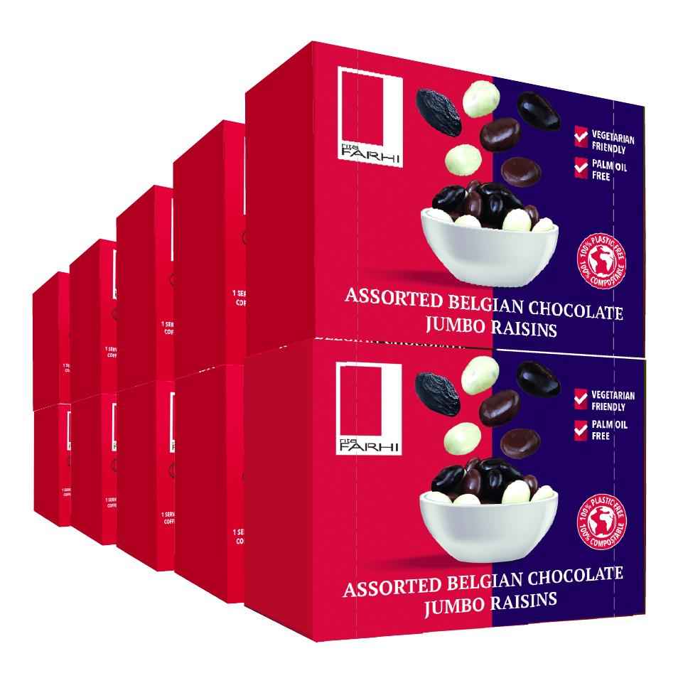Assorted Chocolate Coated Jumbo Raisins, Palm Oil Free (Pack of 10 x 65g)
