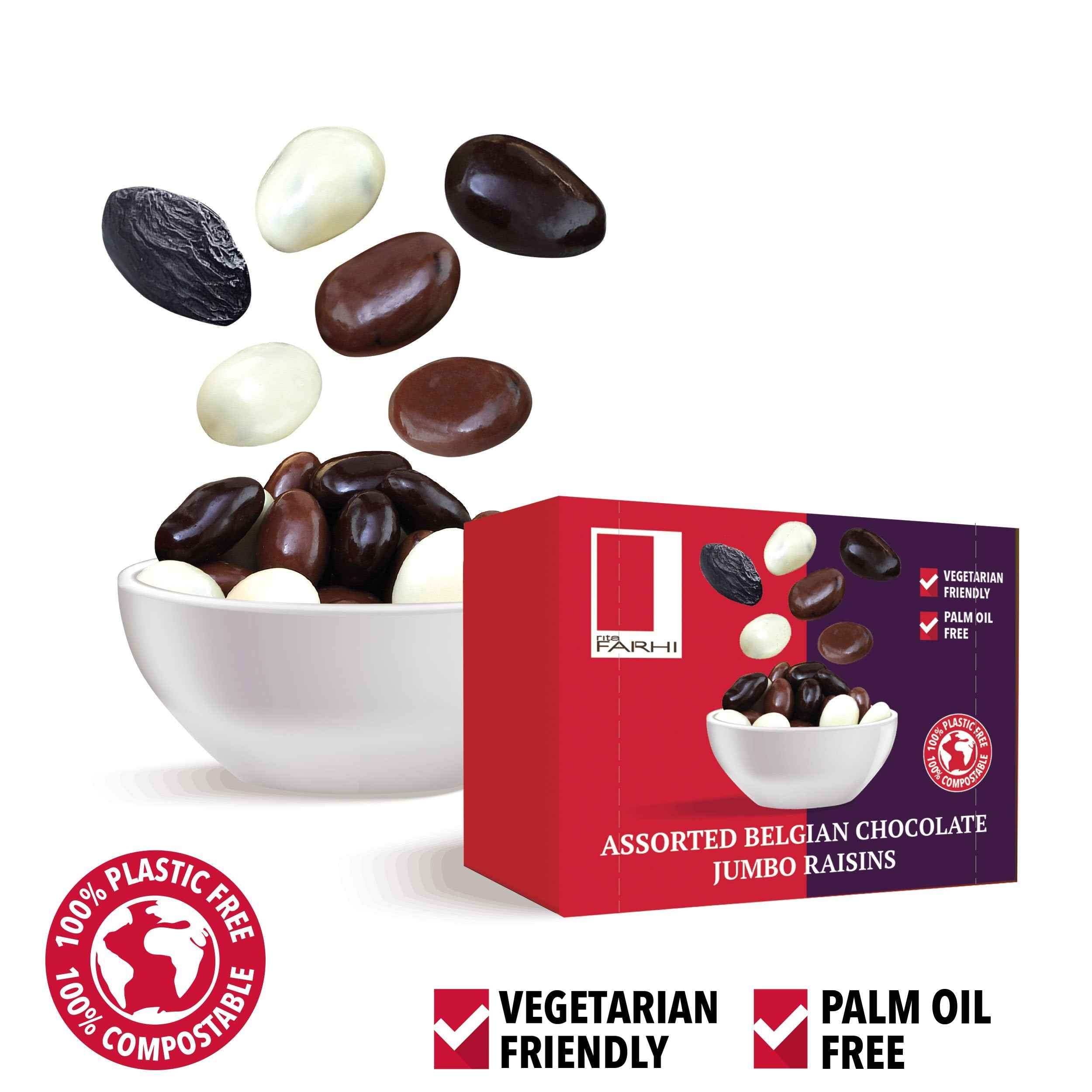 Assorted Chocolate Coated Jumbo Raisins, Palm Oil Free (Pack of 10 x 65g)