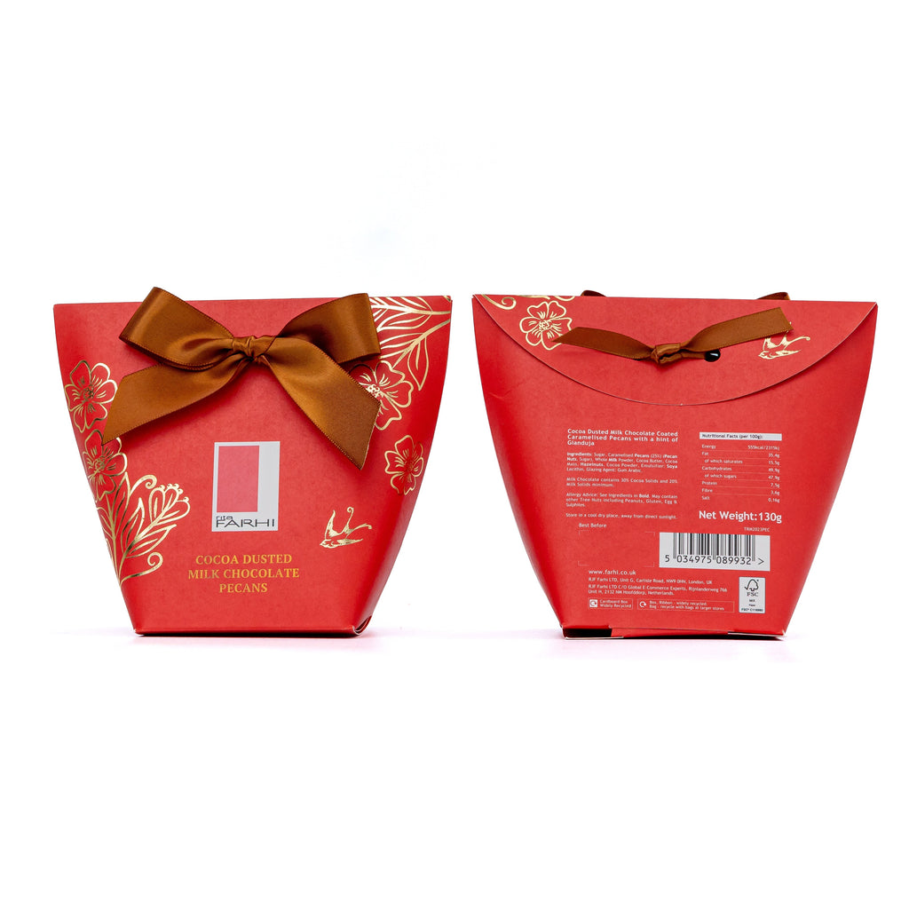Cocoa Dusted Milk Chocolate Pecans in Bow Box, Palm Oil Free, 130g