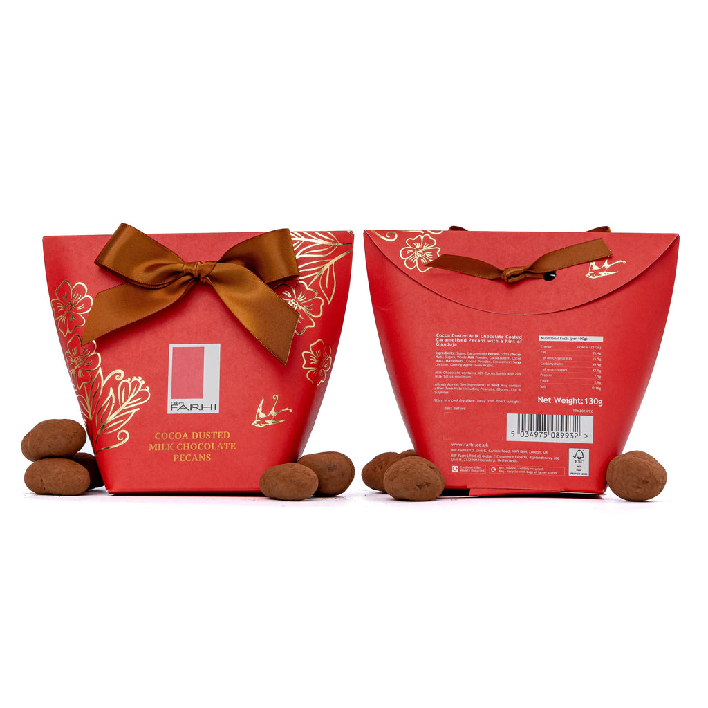 Cocoa Dusted Milk Chocolate Pecans in Bow Box, Palm Oil Free, 130g